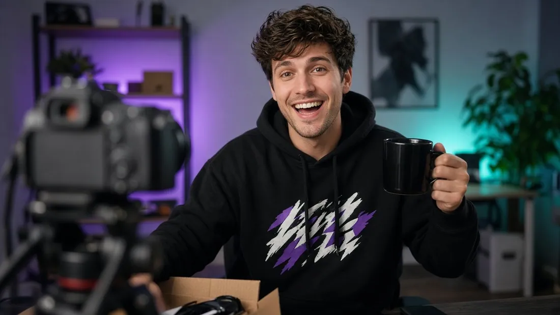 A creator filming a merch video in a custom hoodie