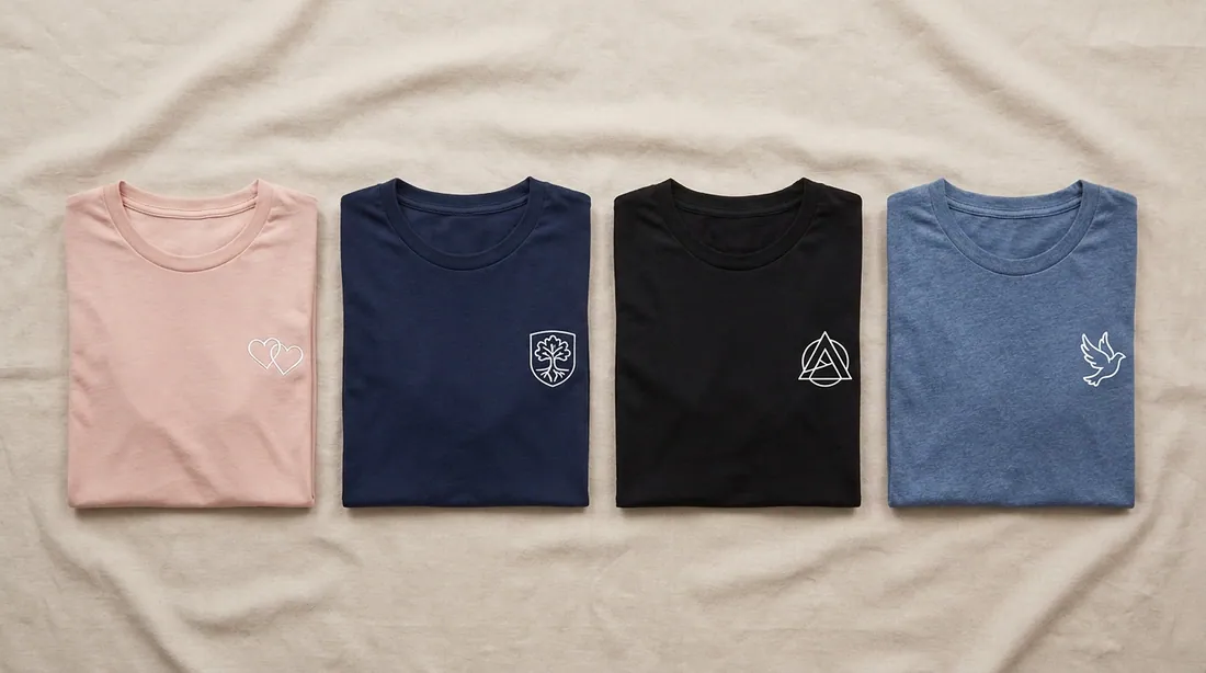 Four folded shirts in different colors, each with a different occasion logo: hearts, a family crest, a company mark, and a dove
