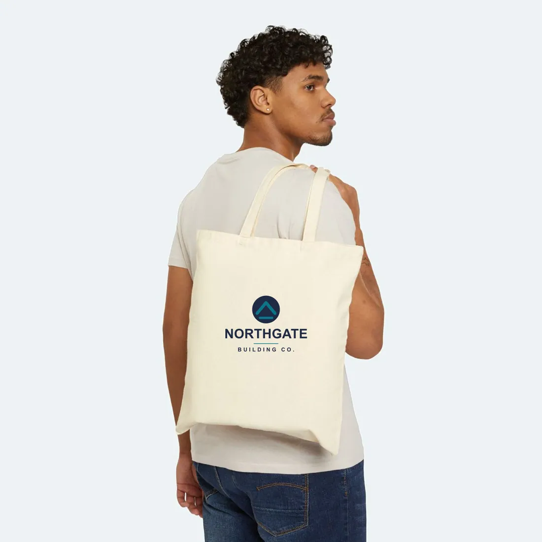A canvas tote printed with a company wordmark