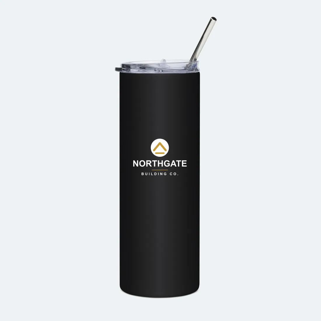 A steel tumbler printed with a company wordmark