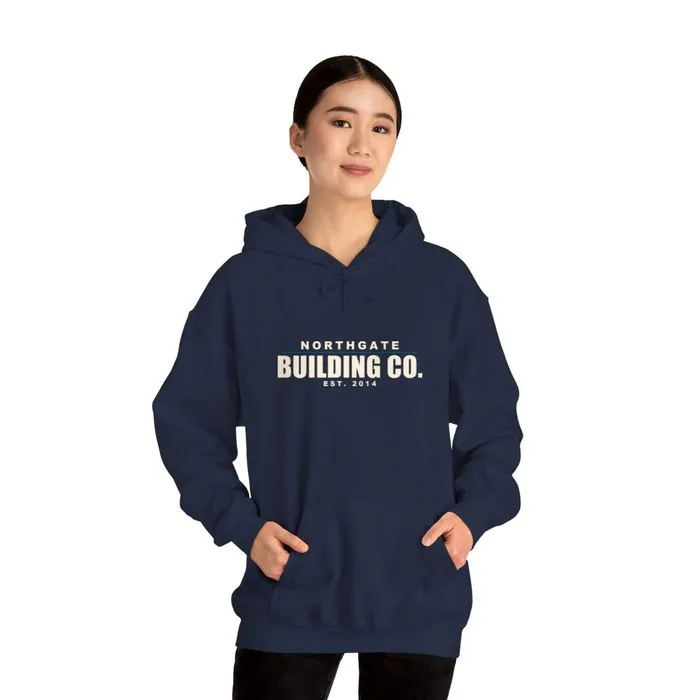A navy hoodie printed across the chest with a Northgate Building Co. lockup
