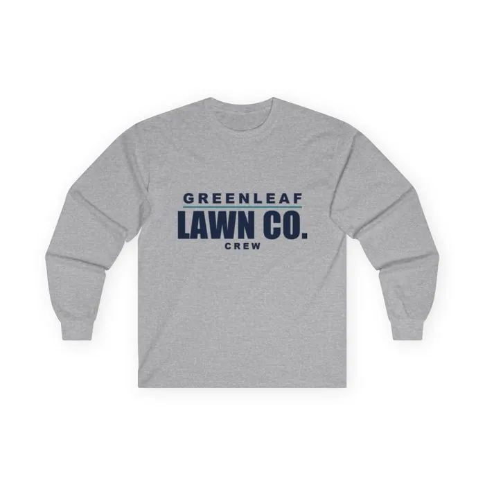 A sport grey long sleeve tee printed with a Greenleaf Lawn Co. crew design
