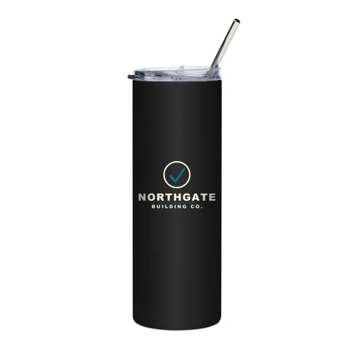 A black steel tumbler printed with a Northgate Building Co. logo and wordmark