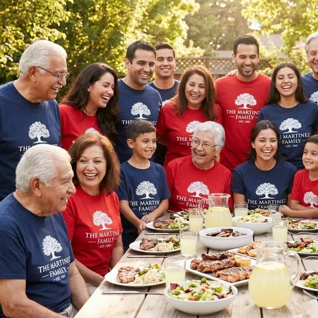 A family reunion dinner, one branch in navy shirts and one in red
