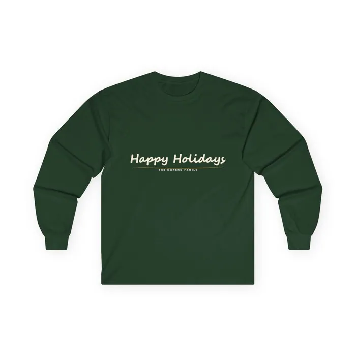 A navy long sleeve tee printed with a handwritten Happy Holidays family design