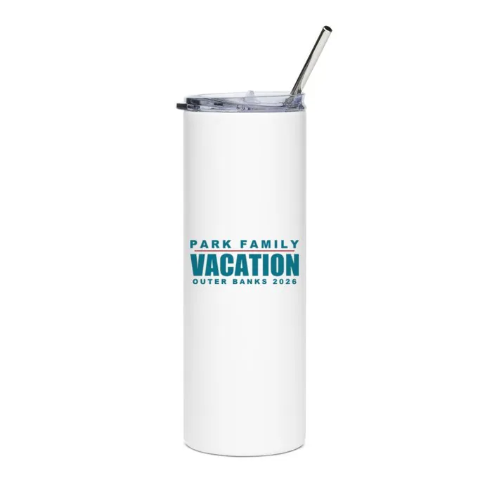 A white steel tumbler printed with a Park family vacation design