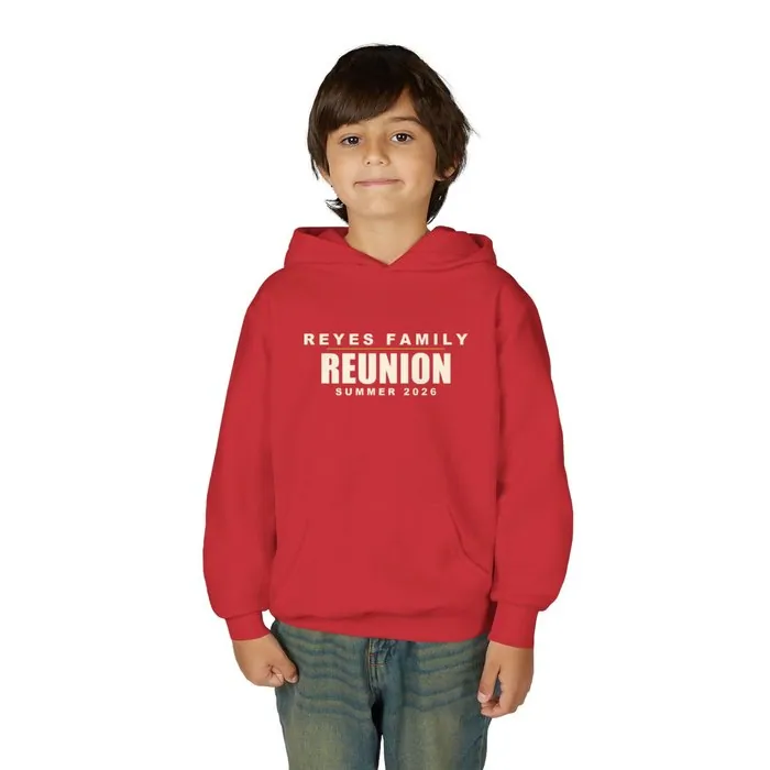 A red youth hoodie printed with a Reyes family reunion design