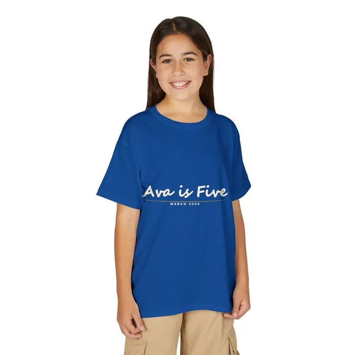 A royal blue youth t-shirt printed with a handwritten Ava is Five birthday design