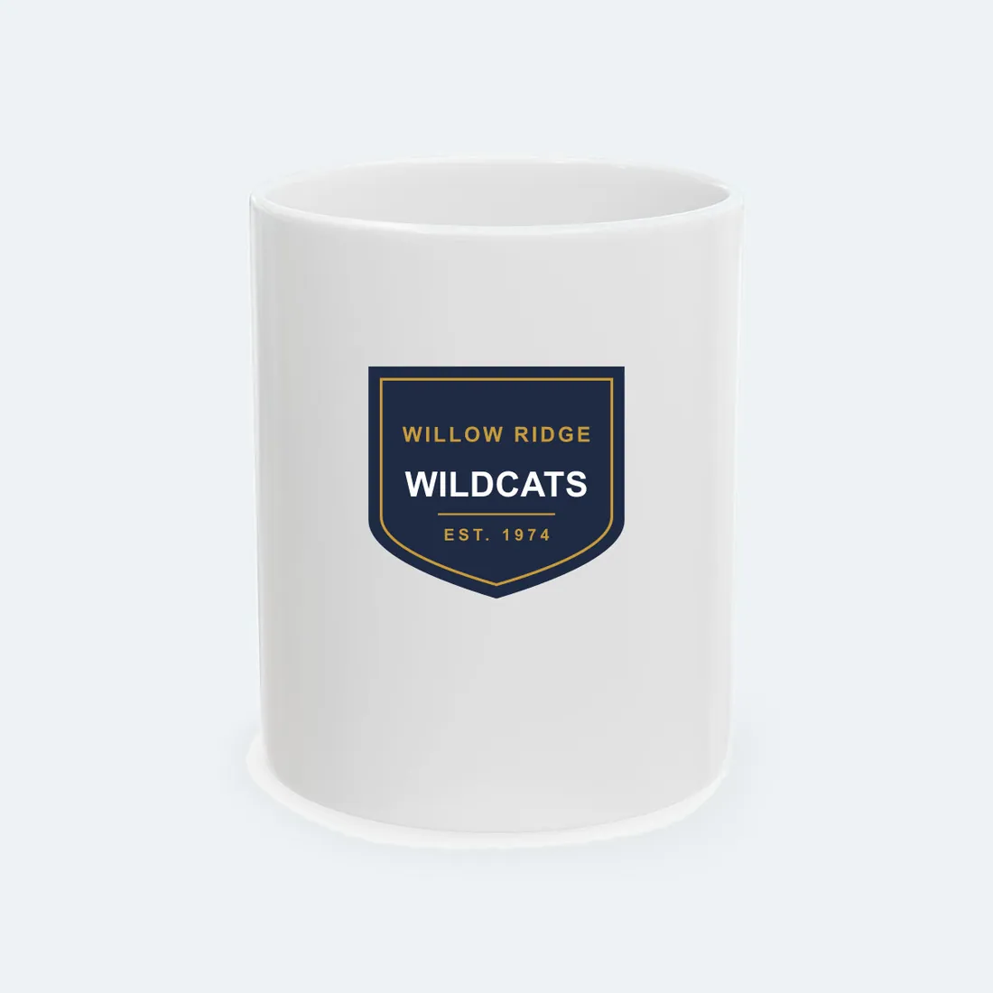 A ceramic mug printed with a school logo