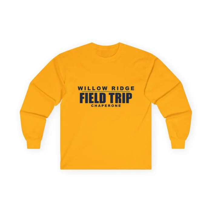 A gold long sleeve tee printed with a Willow Ridge field trip design