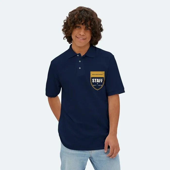 A navy polo with a small gold Willow Ridge staff crest on the left chest