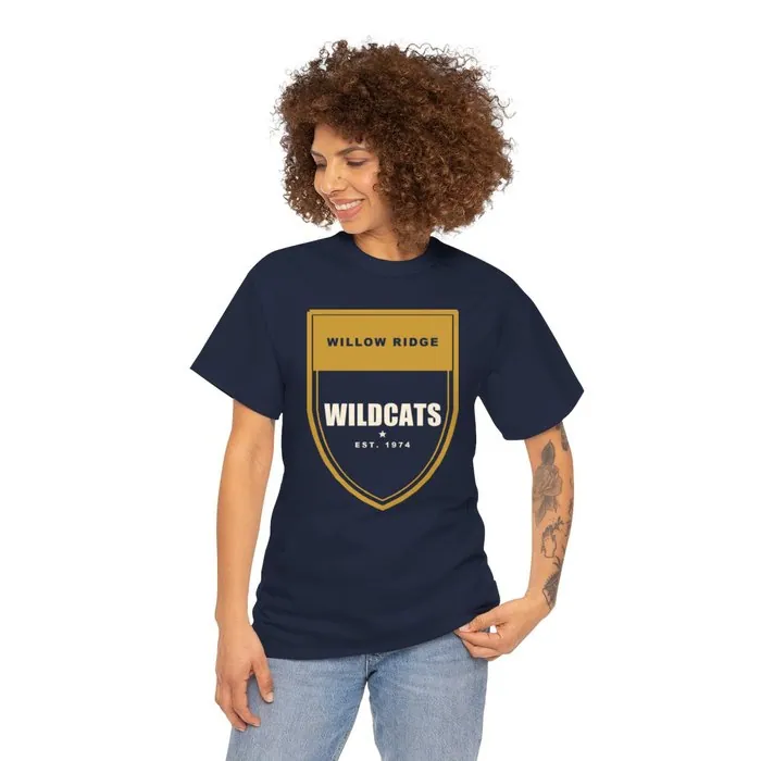 A navy adult t-shirt printed with a gold school crest reading Willow Ridge Wildcats