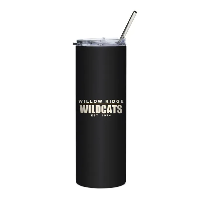 A black steel tumbler printed with a Willow Ridge Wildcats lockup