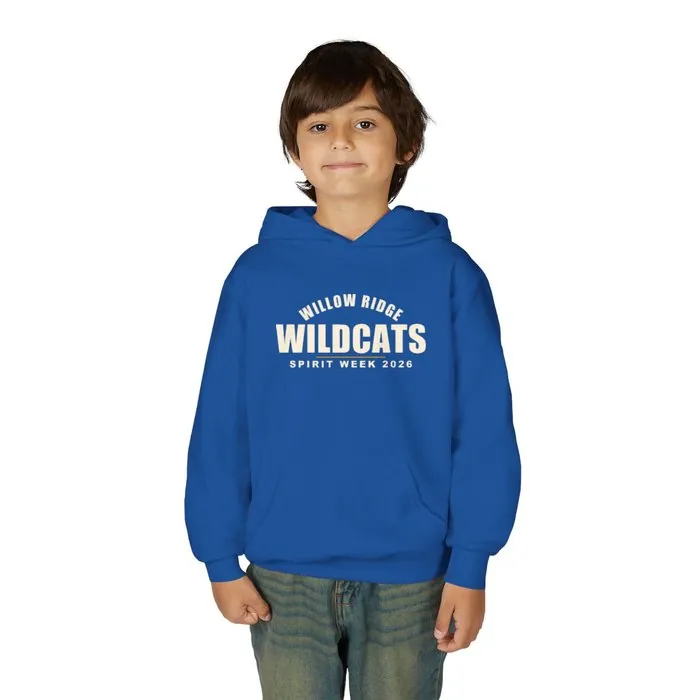 A royal blue youth hoodie printed with an arched Willow Ridge Wildcats spirit week design