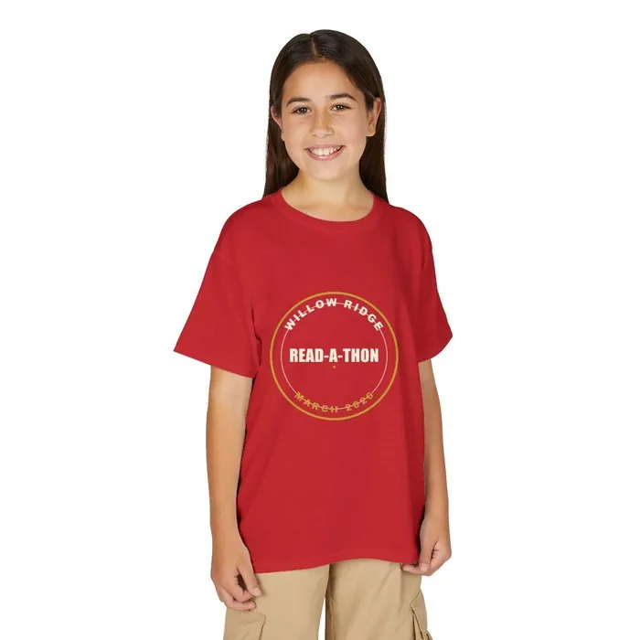 A red youth t-shirt printed with a circular Willow Ridge read-a-thon badge