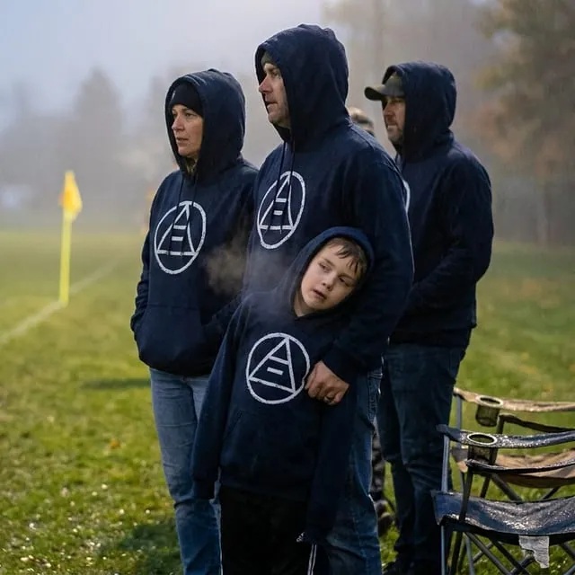 A family on a foggy soccer sideline in matching navy team hoodies