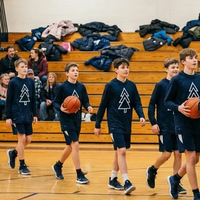 A youth basketball team walking onto the court in matching navy hooded shirts with a white tree logo