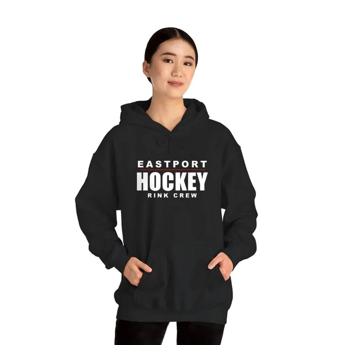 A black hoodie printed across the chest with an Eastport Hockey lockup