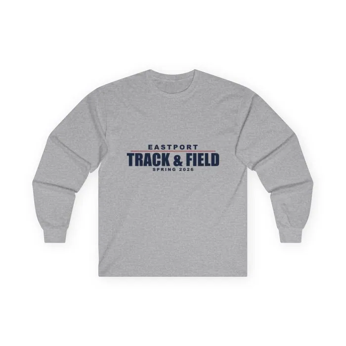 A sport grey long sleeve tee printed with an Eastport track and field design