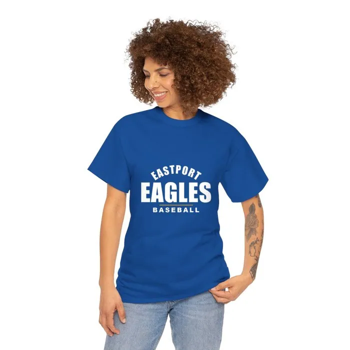 A royal blue t-shirt printed with an arched Eastport Eagles baseball design