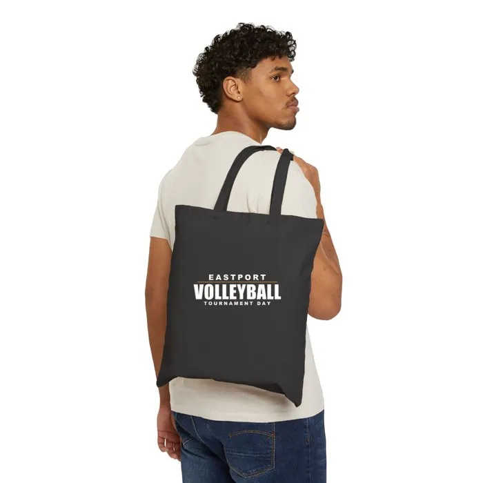 A black canvas tote printed with an Eastport volleyball tournament design