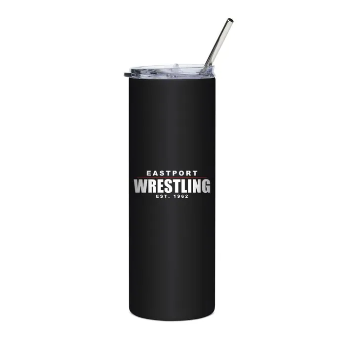 A black steel tumbler printed with an Eastport wrestling lockup