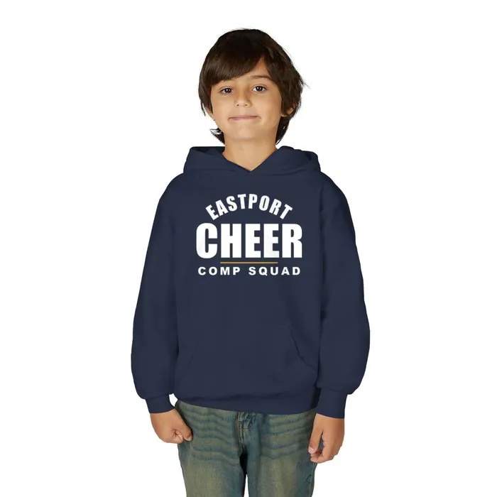 A navy youth hoodie printed with an arched Eastport cheer squad design