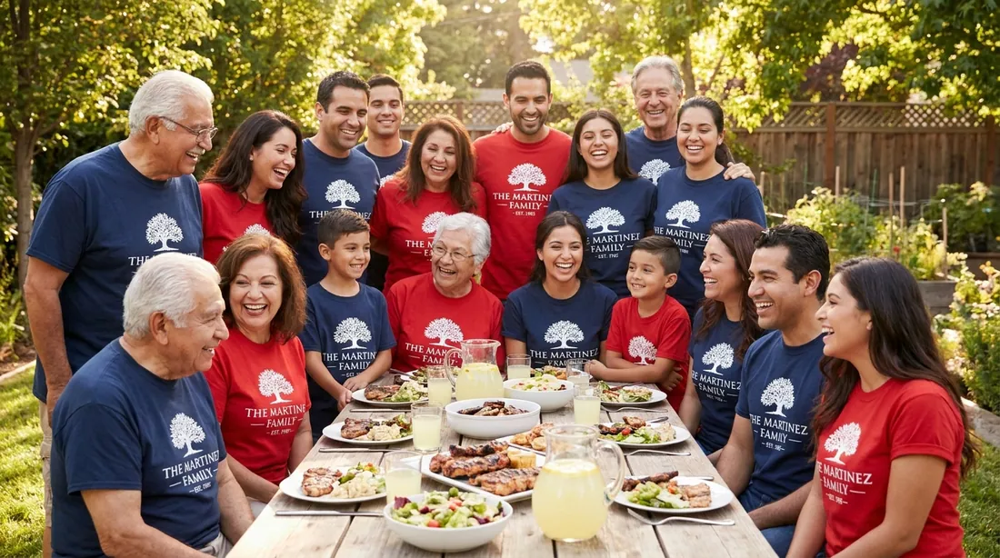 A multi-generational family gathered at a backyard picnic in matching reunion shirts