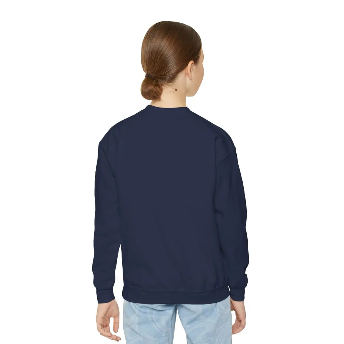 Youth Crewneck in Navy, worn, back