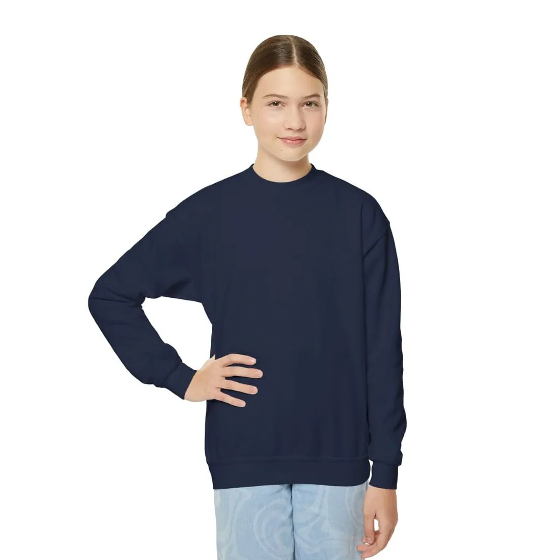 Youth Crewneck in Navy, worn