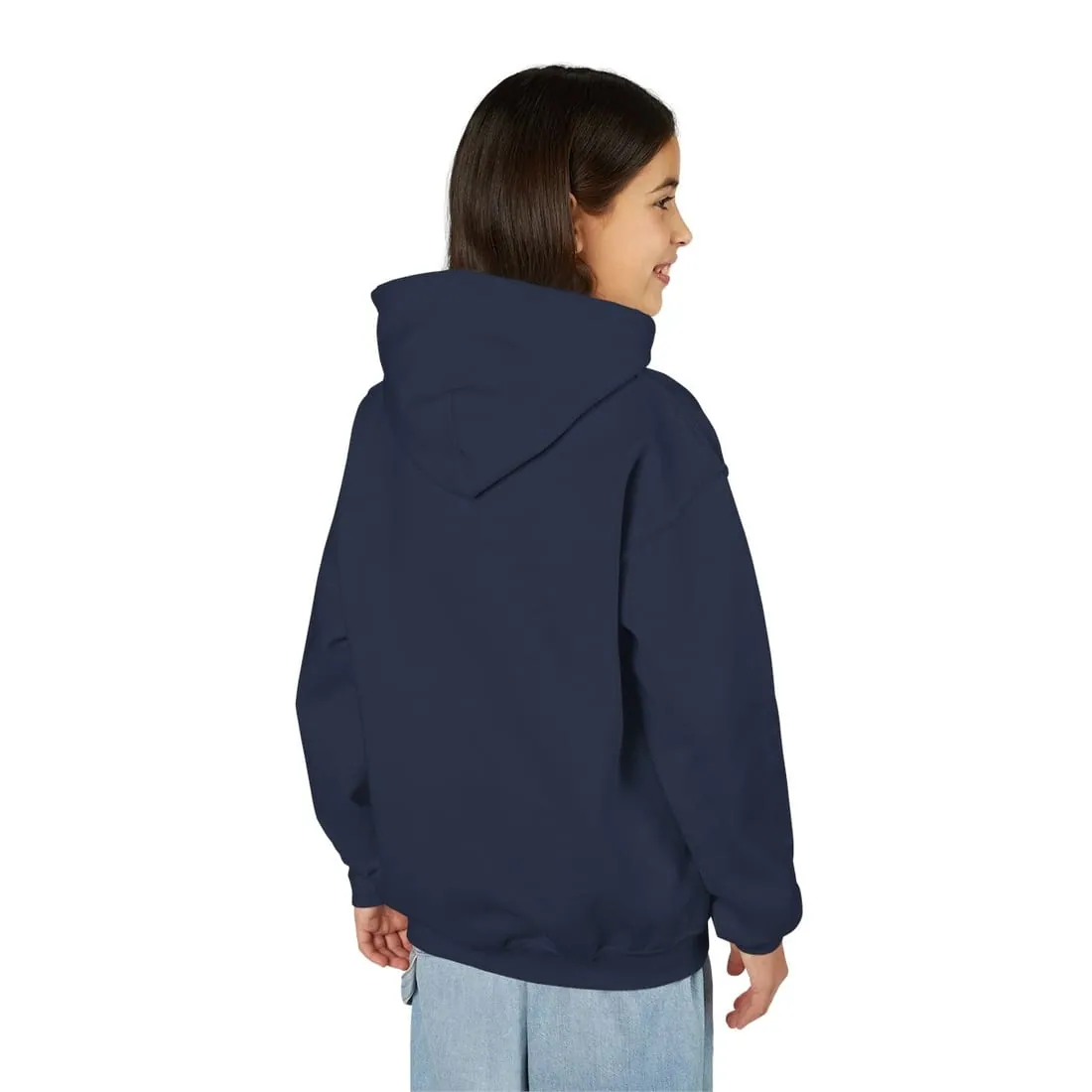 Youth Hoodie in Navy, worn, back