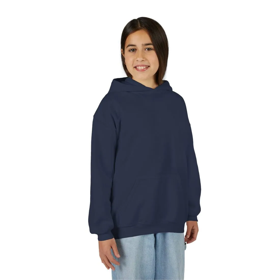 Youth Hoodie in Navy, worn