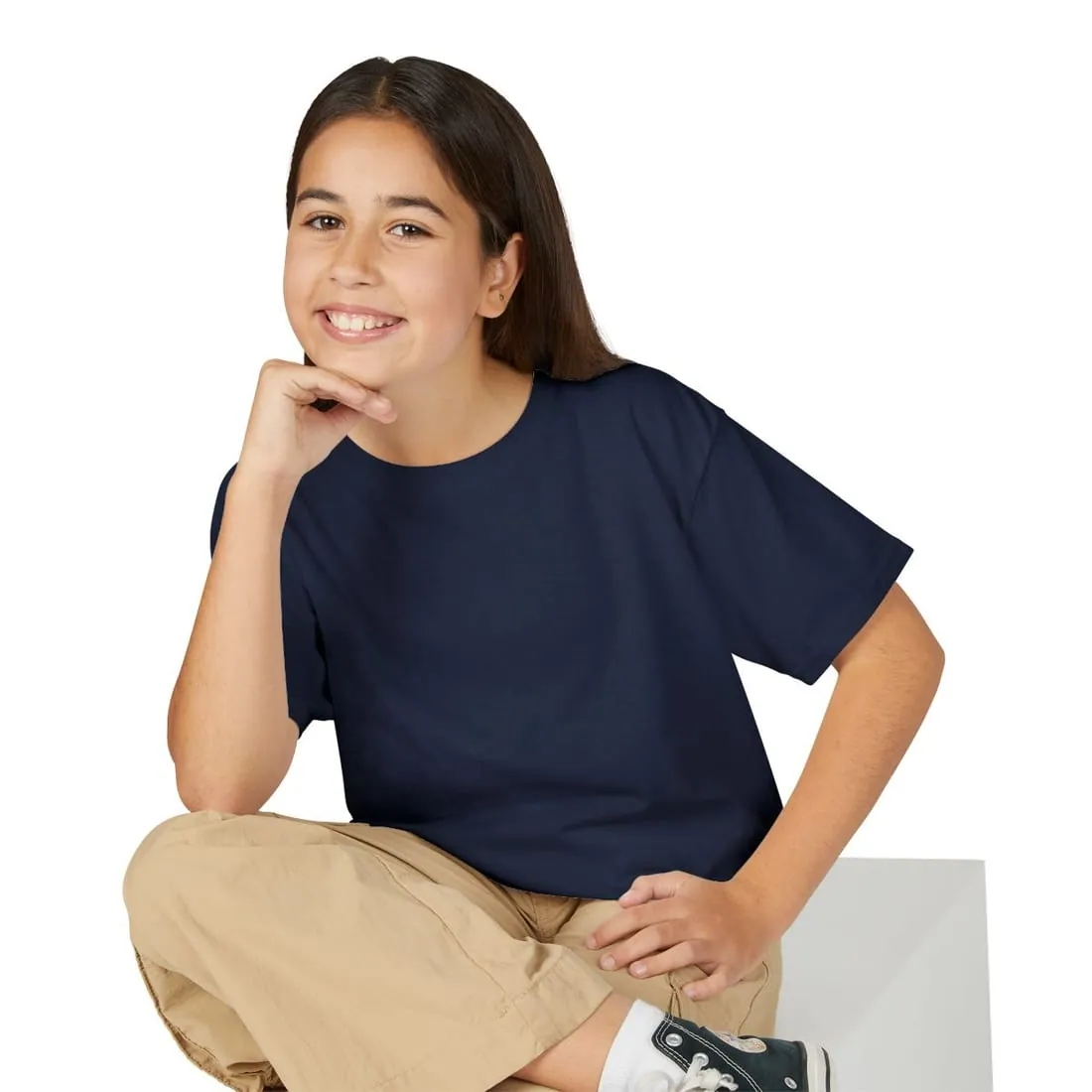 Youth T-Shirt in Navy, worn