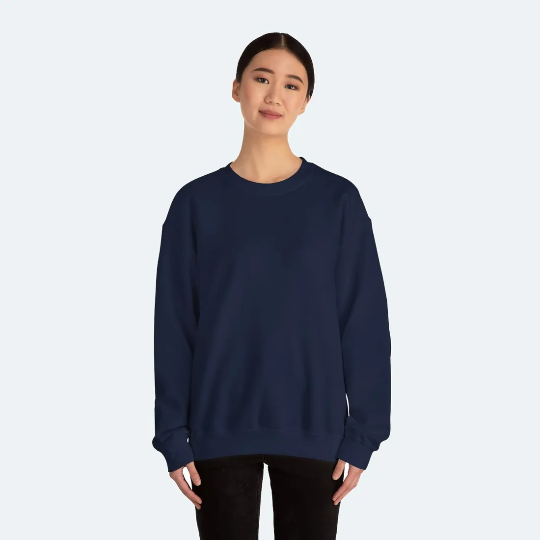 Adult Crewneck in navy, the Gildan 18000 we print on, as worn