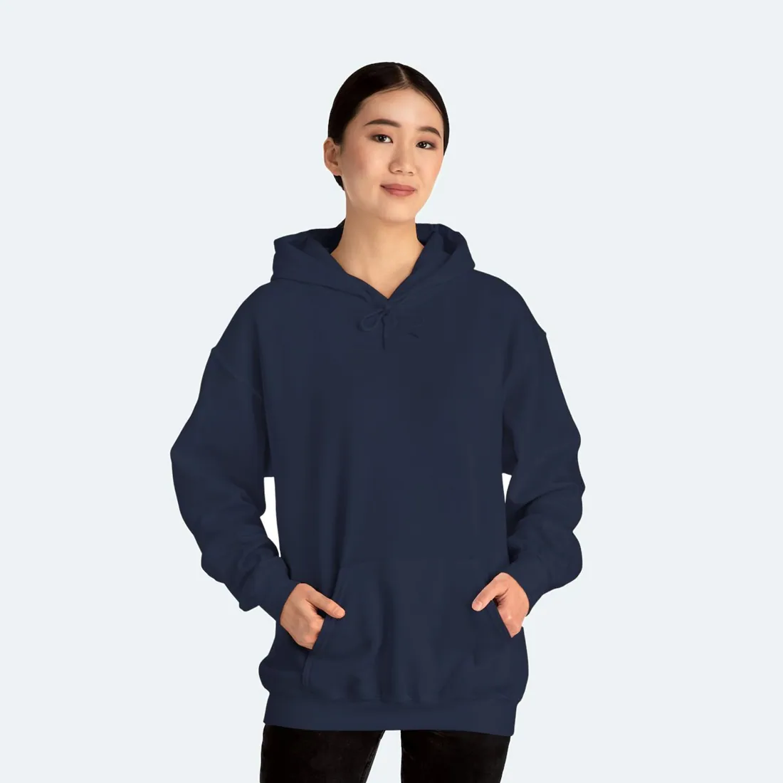 Adult Hoodie in navy, the Gildan 18500 we print on, as worn