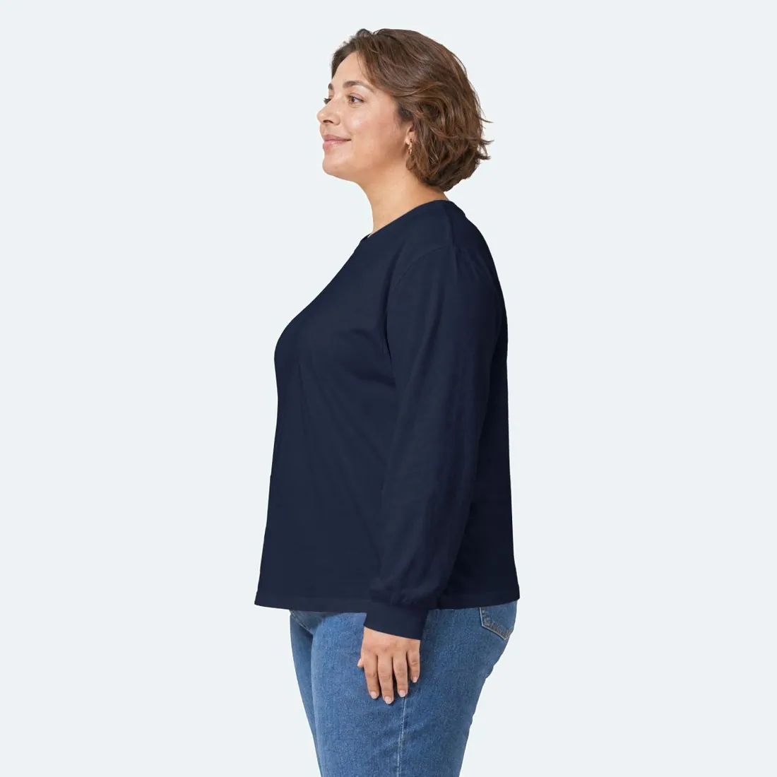 Adult Long Sleeve in navy, the Gildan 2400 we print on, as worn
