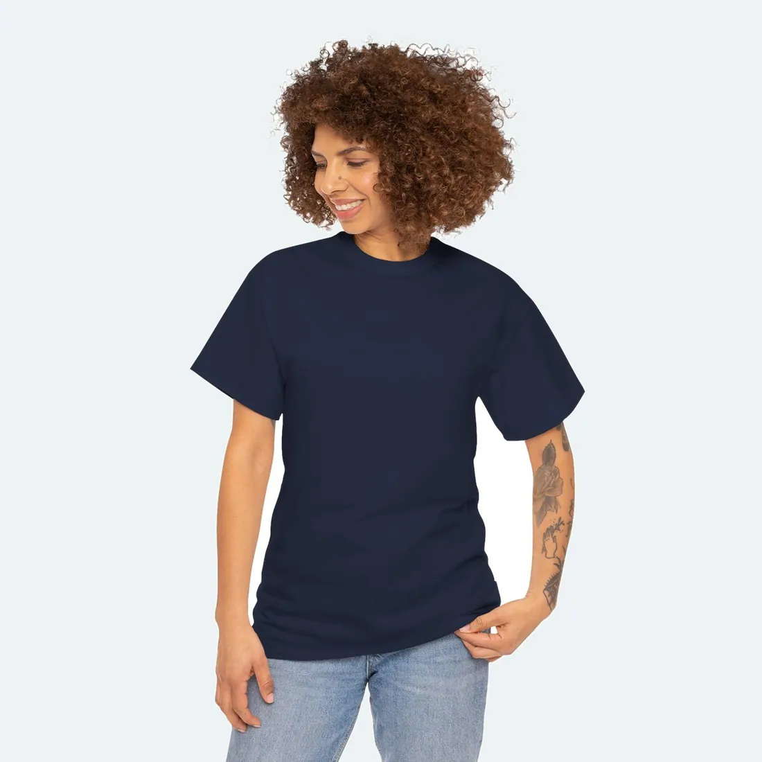 Adult T-Shirt in navy, the Gildan 5000 we print on, as worn