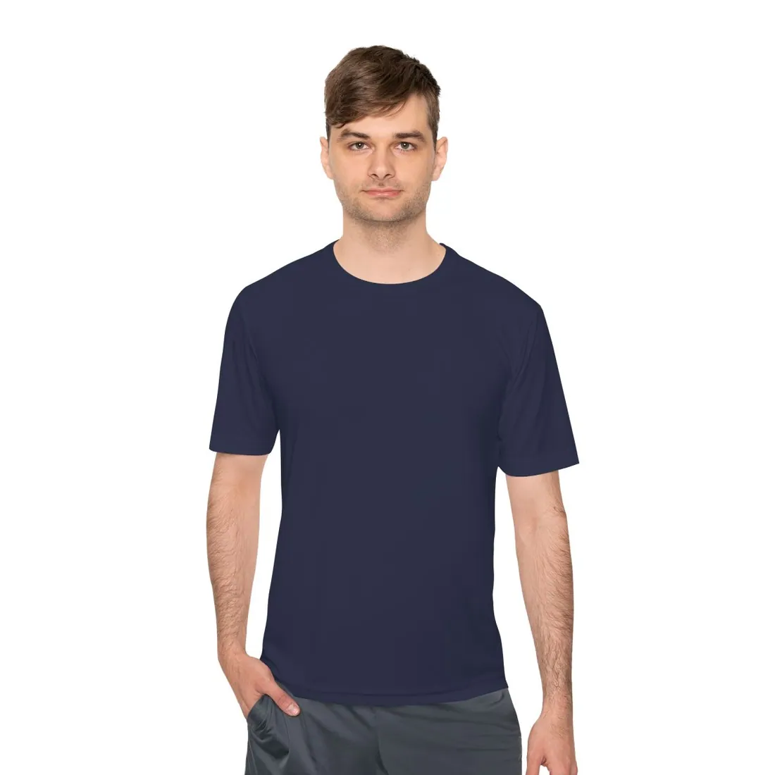 Performance Tee in navy, the Sport-Tek ST350 we print on, as worn