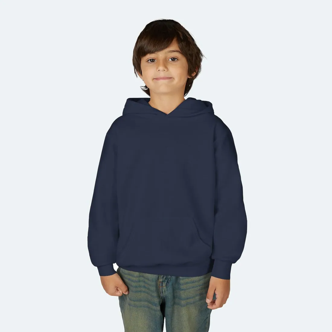 Youth Hoodie in navy, the Gildan 18500B we print on, as worn