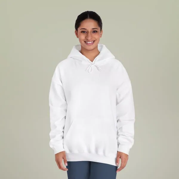 An adult wearing a plain pullover hoodie