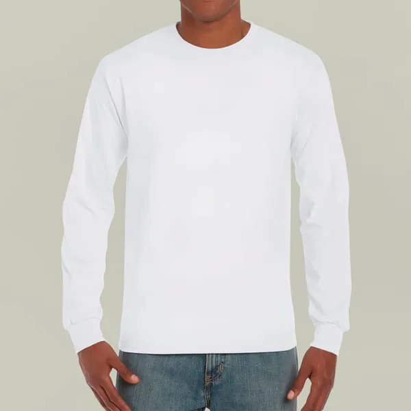 An adult wearing a plain long sleeve tee