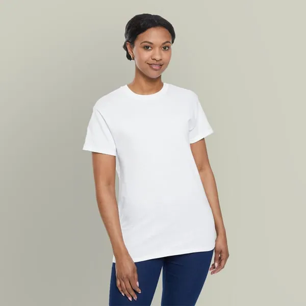 An adult wearing a plain crew-neck t-shirt