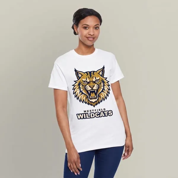 An adult t-shirt worn, printed across the chest with a wildcat mascot