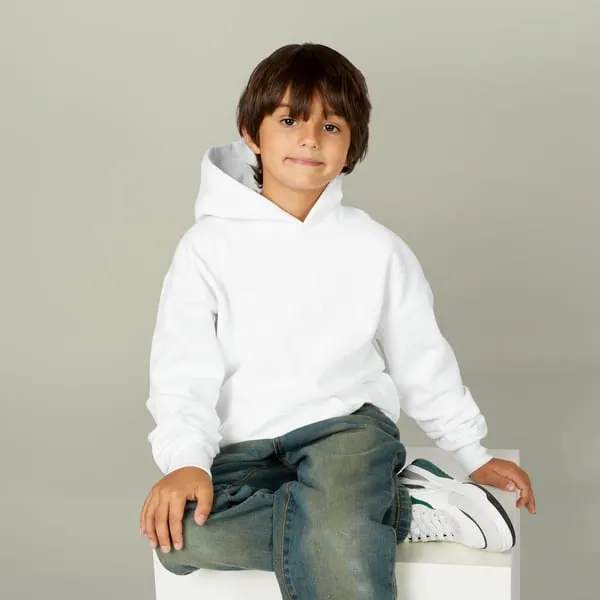 A child wearing a plain pullover hoodie