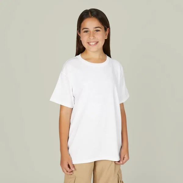 A child wearing a plain crew-neck t-shirt
