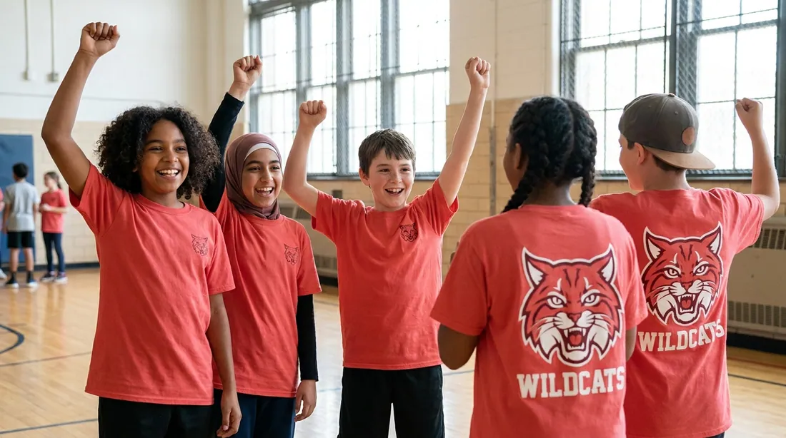 Kids cheering in a school gym, all wearing matching Wildcats team shirts