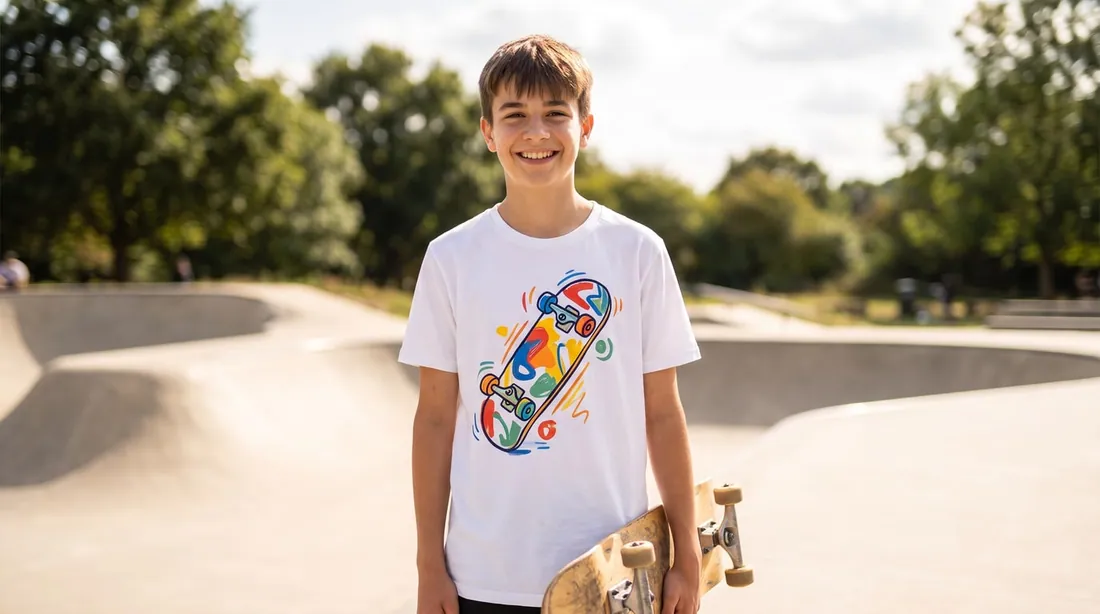 A teenager at a skate park wearing a white t-shirt printed with a large, colorful skateboard design