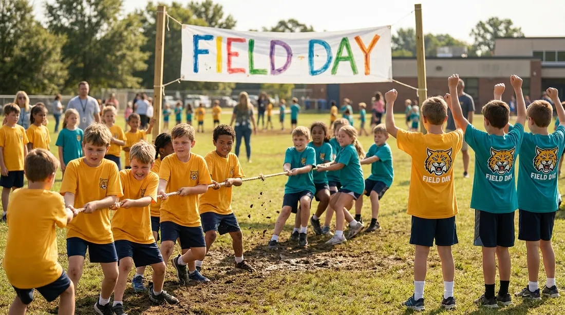 Two teams of kids in solid-color shirts playing tug-of-war on a school field day