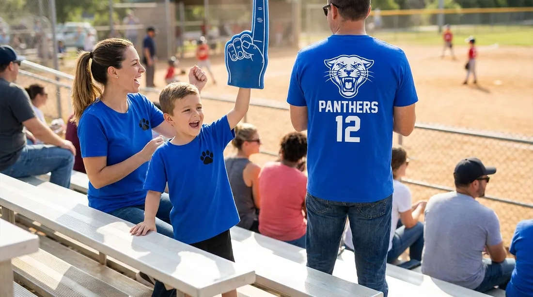 A family cheering from bleachers at a youth game in matching fan shirts