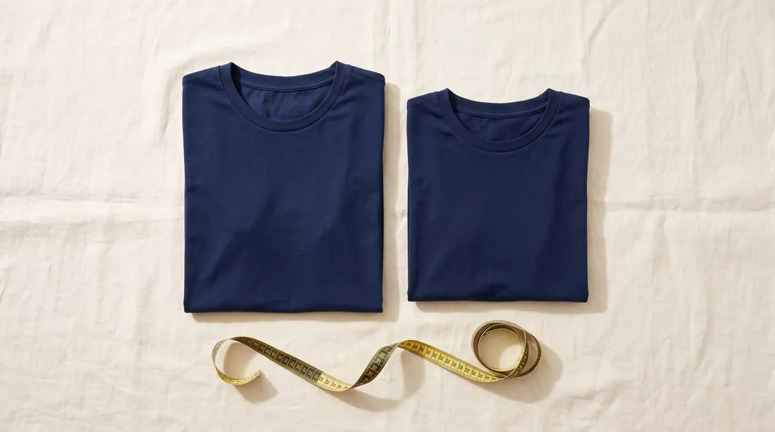 A smaller and a larger navy t-shirt folded side by side beside a cloth measuring tape